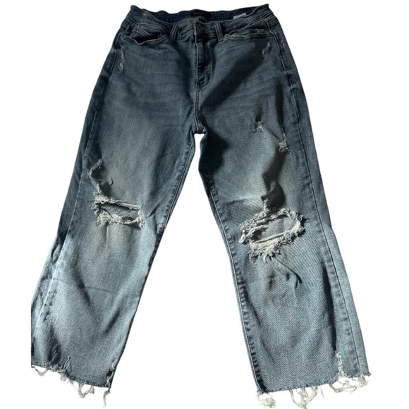 Judy Blue Boyfriend Jeans with Ripped Knees and Frayed Hem in Blue - Picture 1 of 12